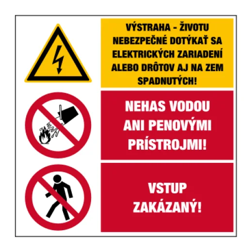 Výstraha – životu nebezpečné dotýkat se elektrických zařízení nebo drátů i na zem spadlých! / Nehas vodou ani pěnovými přístroji! / Vstup zakázán!