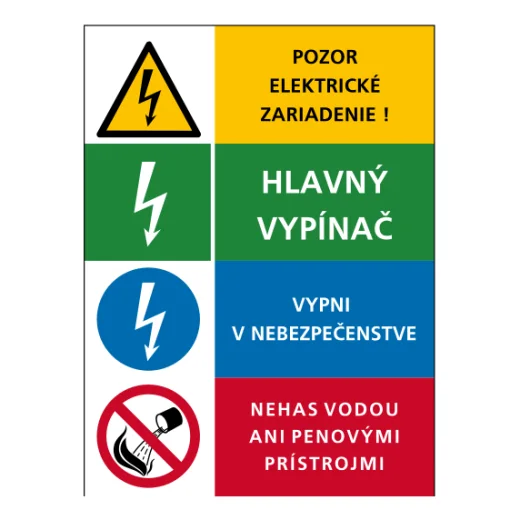 Kombinace: Pozor elektrické zařízení / Hlavní vypínač / Vypni v nebezpečí / Nehas vodou ani pěnovými přístroji