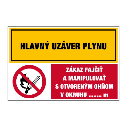 Hlavní uzávěr plynu / Zákaz kouřit a manipulovat s otevřeným ohněm v okruhu ........ m
